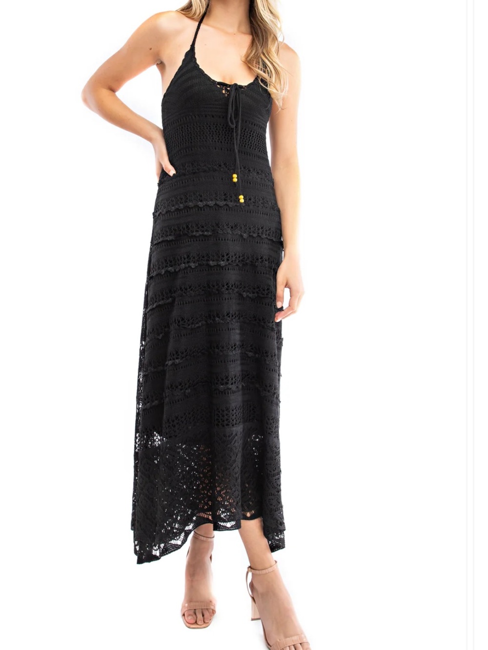 Eye of the needle Black Crochet Halter Maxi Dress